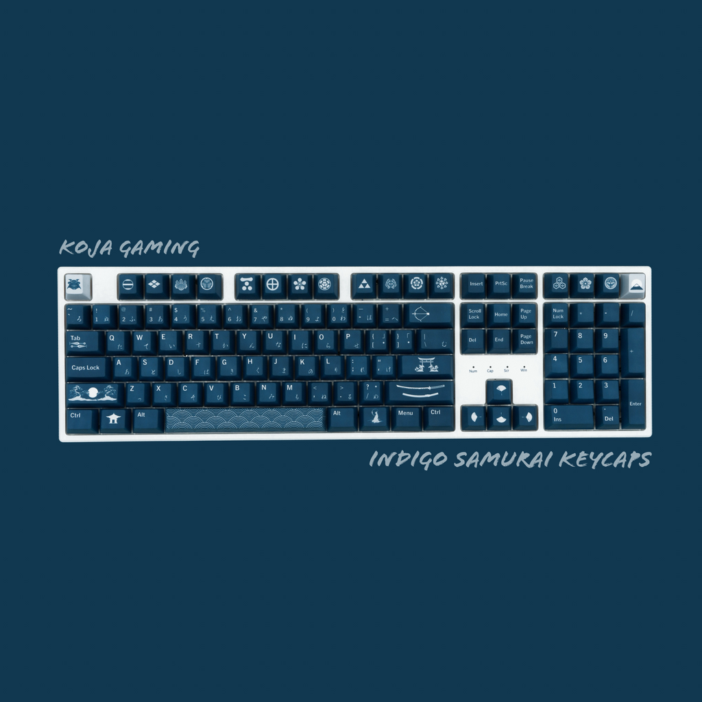 Indigo Samurai keycaps with rich blue hues and intricate Japanese-inspired design elements.