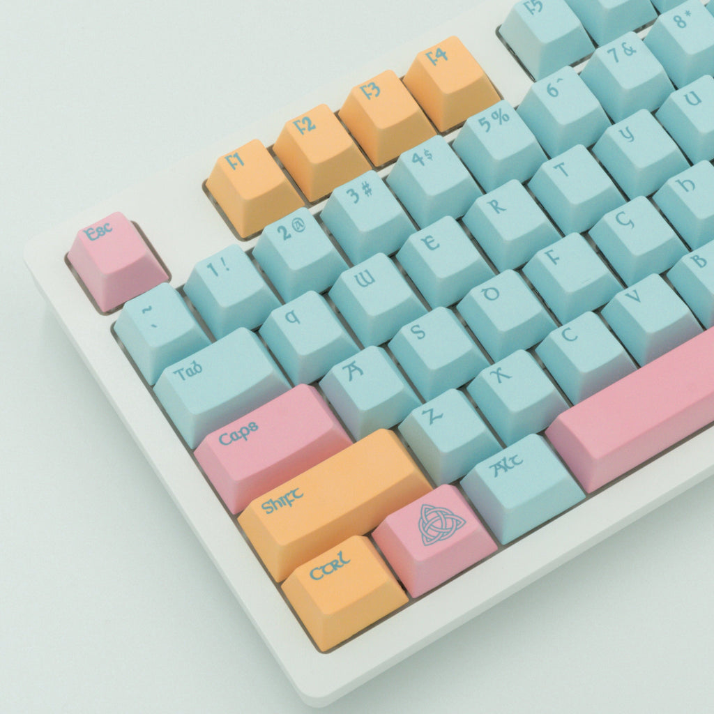 Portree keycaps inspired by the harbor town of Portree, featuring rich blues and pinks and yellows of the iconic downtown harbor buildings. Left side view.