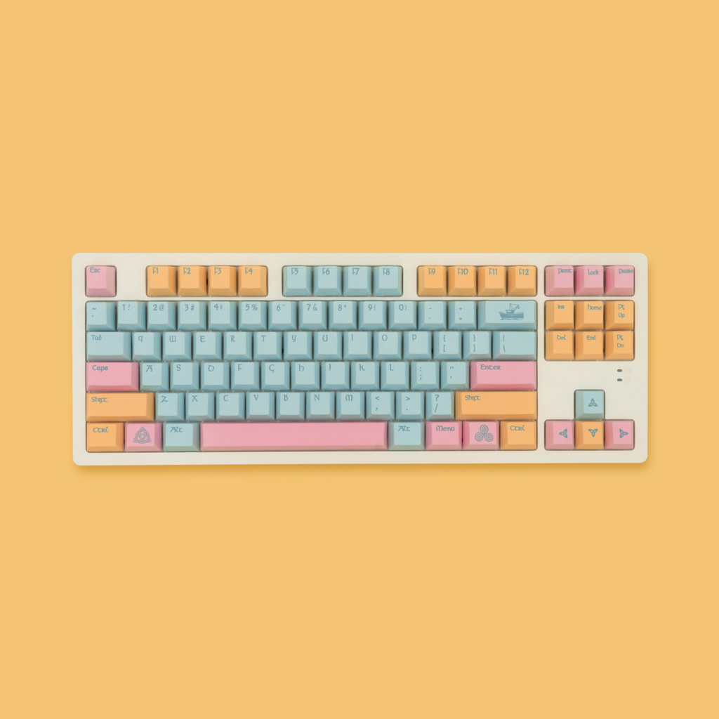 Portree keycaps inspired by the harbor town of Portree, featuring rich blues and pinks and yellows of the iconic downtown harbor buildings.