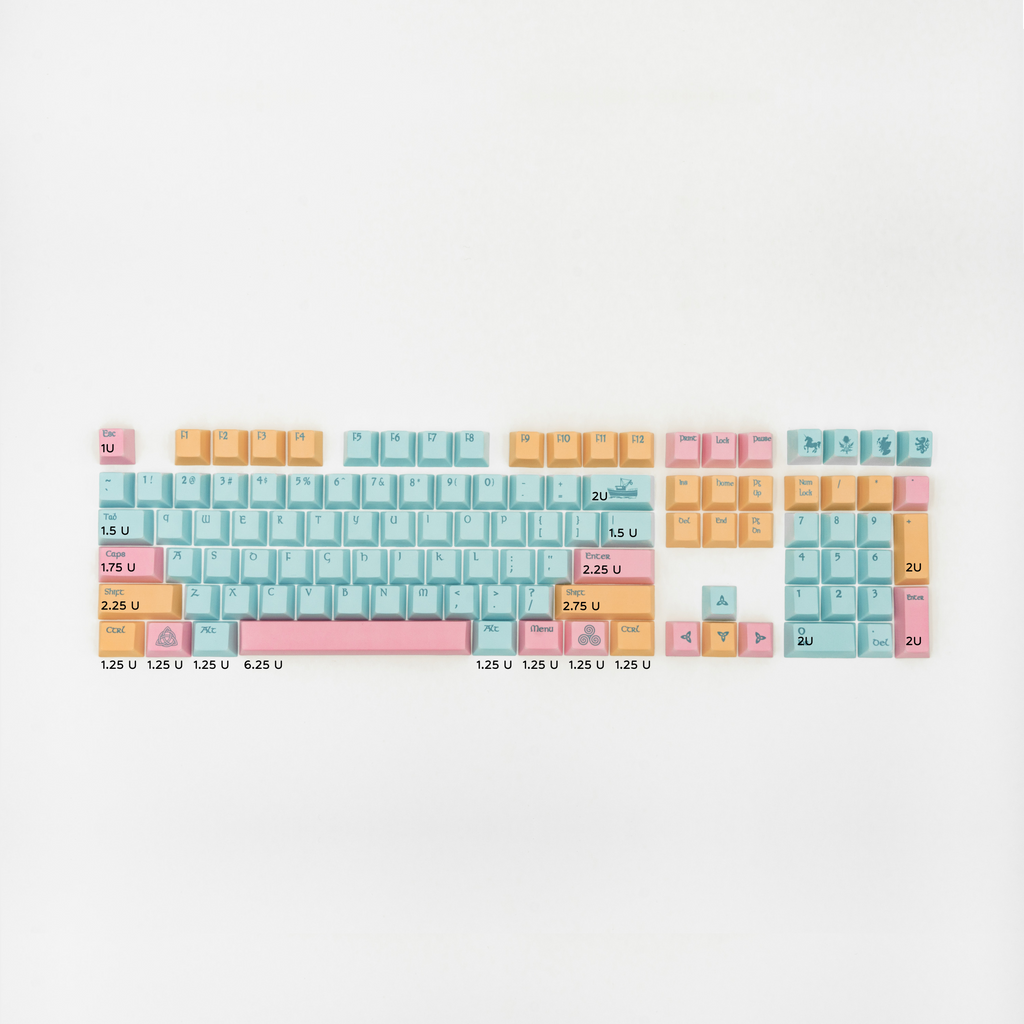 Portree keycaps inspired by the harbor town of Portree, featuring rich blues and pinks and yellows of the iconic downtown harbor buildings. Keycap sizes.