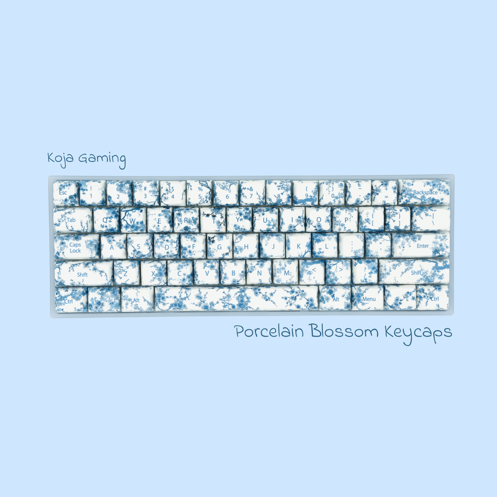 Blue Porcelain Flower Keycaps, inspired by blue and white Chinese Porcelain. Short 60% keyboard view.