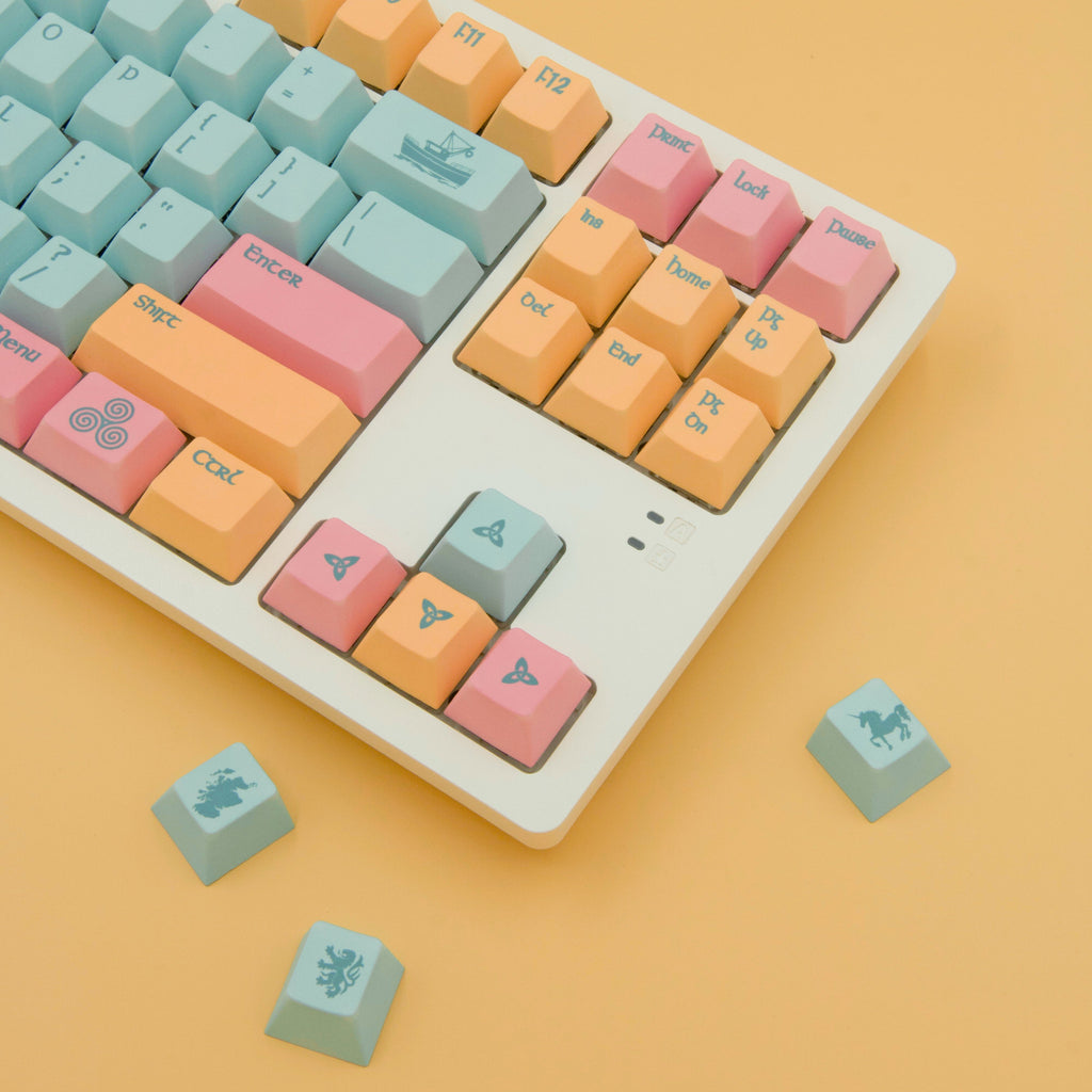 Portree keycaps inspired by the harbor town of Portree, featuring rich blues and pinks and yellows of the iconic downtown harbor buildings. Ride side view.